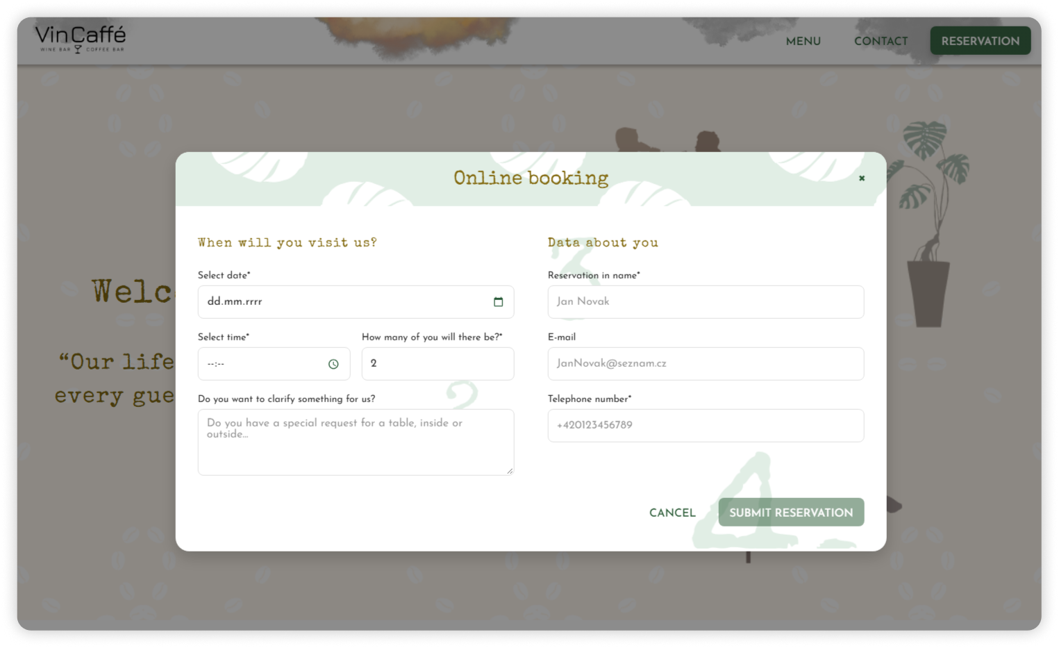 VinCaffé reservation form